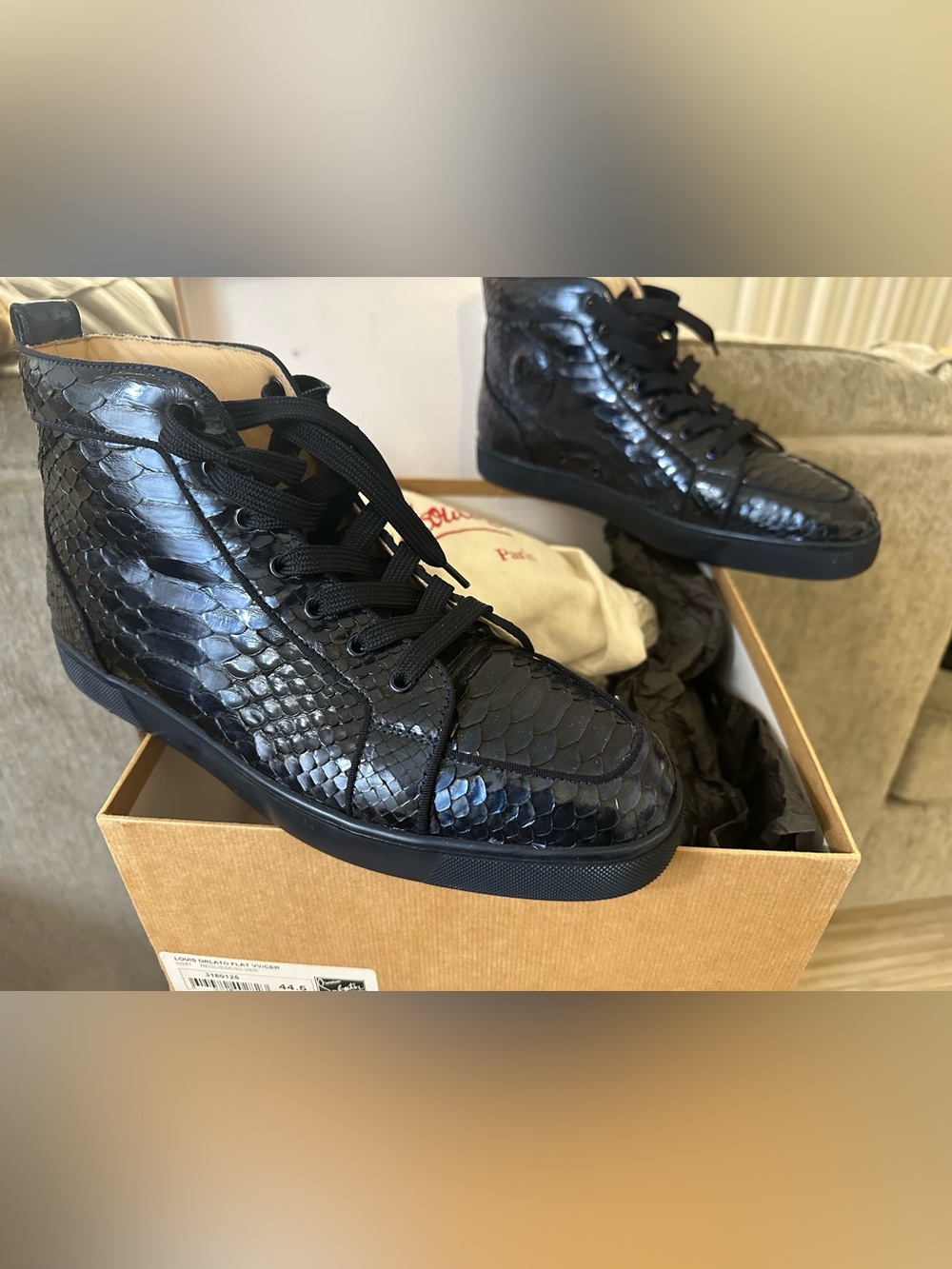 Christian louboutin blue  Men's High-Top Leather Sneaker with Textured snakeskin